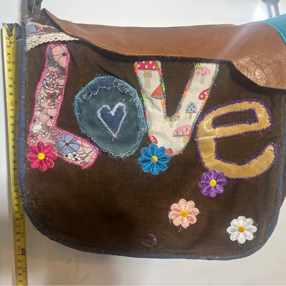 Upcycled Handbags - Chic Brown and Tan Crossbody Bag with Embroidered Love Design